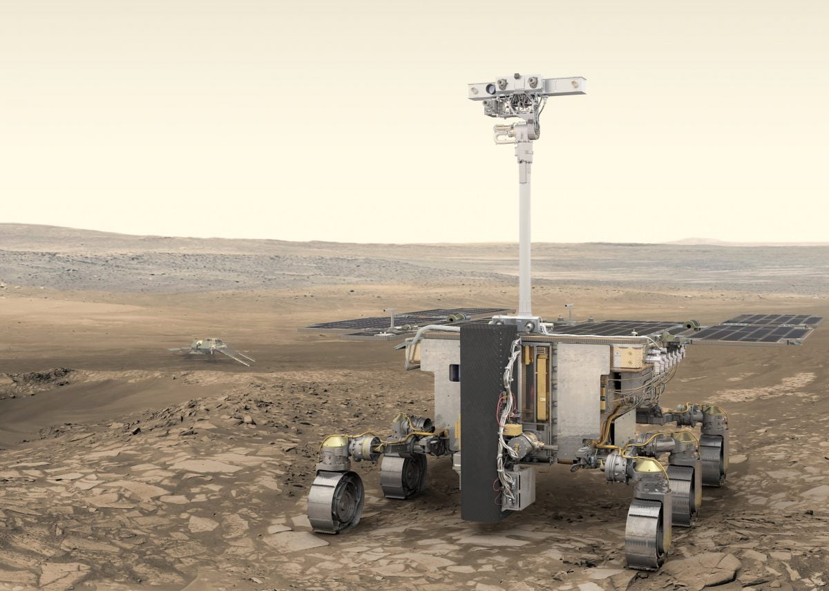 欧露共同の火星探査ミッション「エクソマーズ」の探査車「ロザリンド・フランクリン」（手前）と着陸機「カザチョク」（左奥）の想像図（Credit: ESA/ATG medialab）