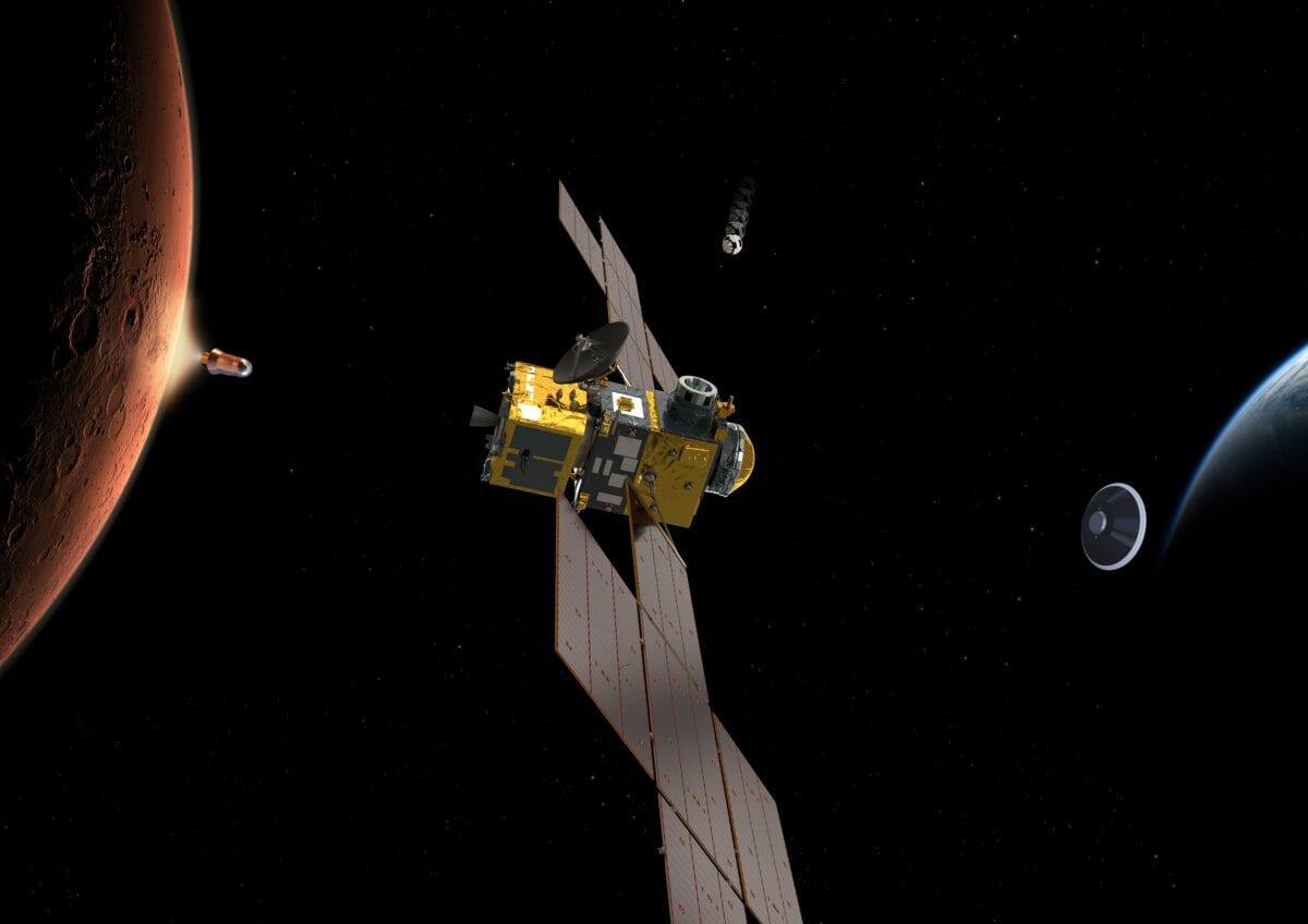 【▲ 参考画像：火星サンプルリターンのコンセプト。火星表面で採取したサンプルが収められた保管容器は「MAV」の先端に搭載された球形のコンテナに移し替えられた状態で火星の地表から打ち上げられ（左）、軌道上でMAVから放出されたコンテナを「ERO」がキャッチし（中央）、コンテナを回収カプセルに収容したEROが地球まで運搬する（右）（Credit: ESA/ATG Medialab）】