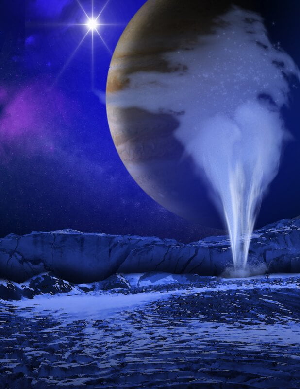 エウロパの表面から水が噴出する様子を描いた想像図（Credit: NASA/ESA/K. Retherford/SWRI）