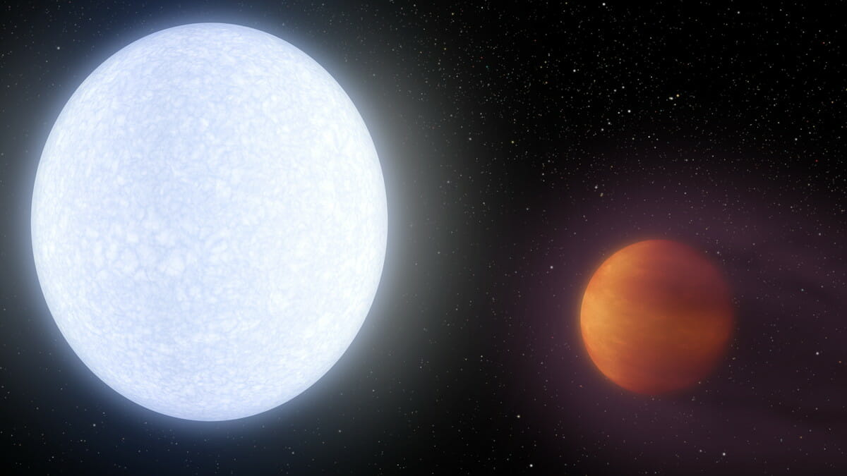 系外惑星KELT-9b（右）と恒星KELT-9（左）を描いた想像図（Credit: NASA/JPL-Caltech）