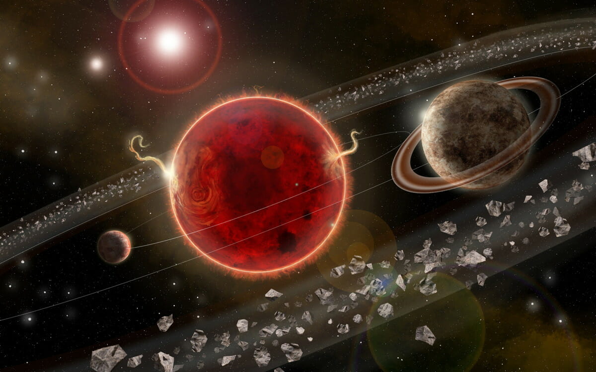 赤色矮星「プロキシマ・ケンタウリ」（中央）を周回する「プロキシマ・ケンタウリc」（右）と「プロキシマ・ケンタウリb」（左）のイメージ図（Credit: Lorenzo Santinelli）