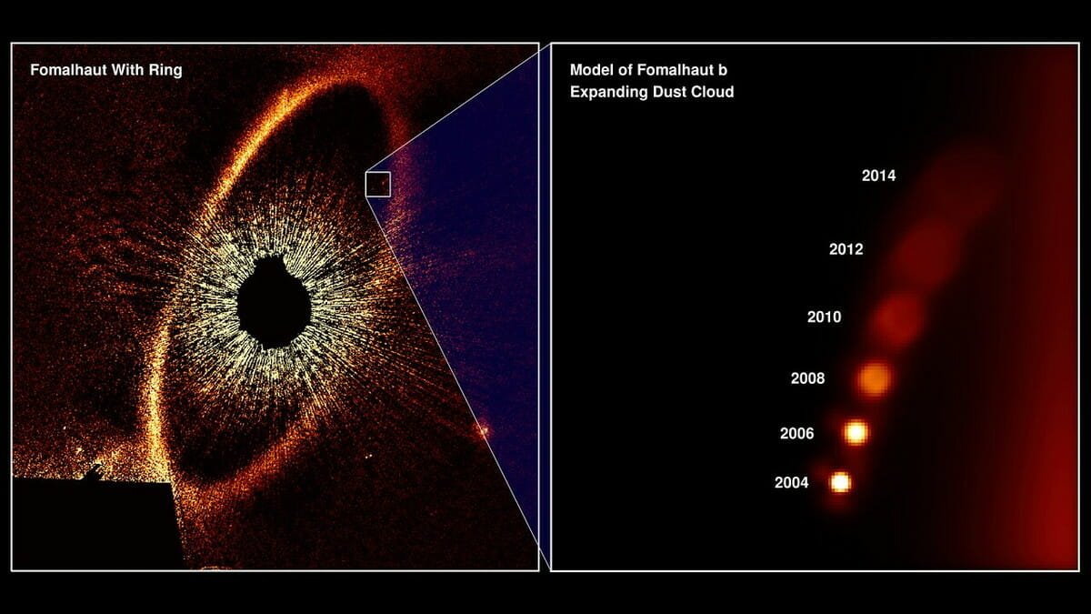 【▲ 参考：ハッブル宇宙望遠鏡によるフォーマルハウトの2012年の観測結果（左）と、当初“フォーマルハウトb”だと考えられていた塵の雲が拡散していく様子のシミュレーション（右）（Credit: NASA, ESA, and A. Gáspár and G. Rieke (University of Arizona)）】