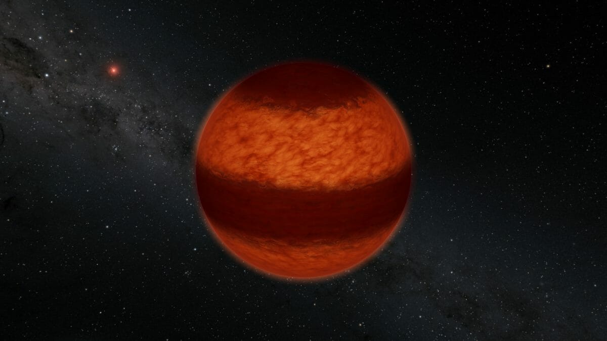 Luhman 16Aを描いた想像図。左奥に見える赤い点はLuhman 16B（Credit: Caltech/R. Hurt (IPAC)）