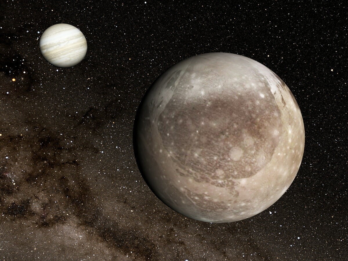 4次元デジタル宇宙ビューワー「Mitaka」にて再現されたガニメデと木星