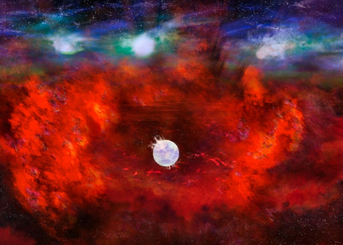 塵の集まりに隠されている中性子星を描いた想像図