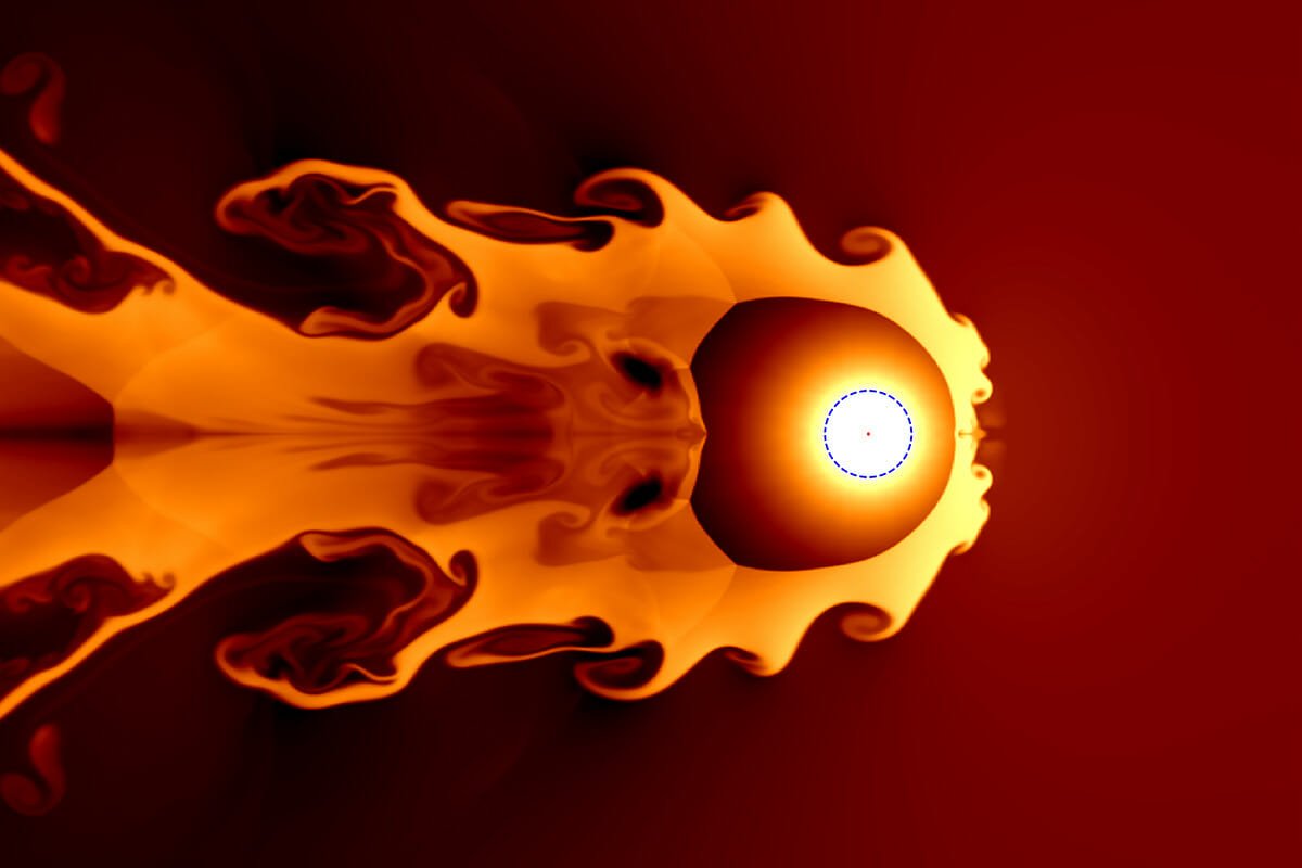 超新星爆発の衝撃波が太陽風と衝突する様子のシミュレーション