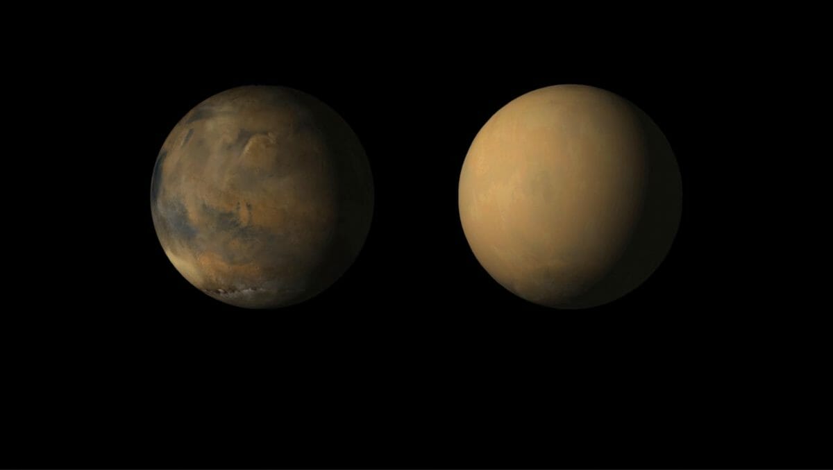 NASAの火星探査機「マーズ・リコネッサンス・オービター（MRO）」によって撮影された2018年5月（左）と7月（右）に撮影された火星の様子。7月の火星は地表の大部分が砂嵐に覆われている（Credit: NASA/JPL-Caltech/MSSS）