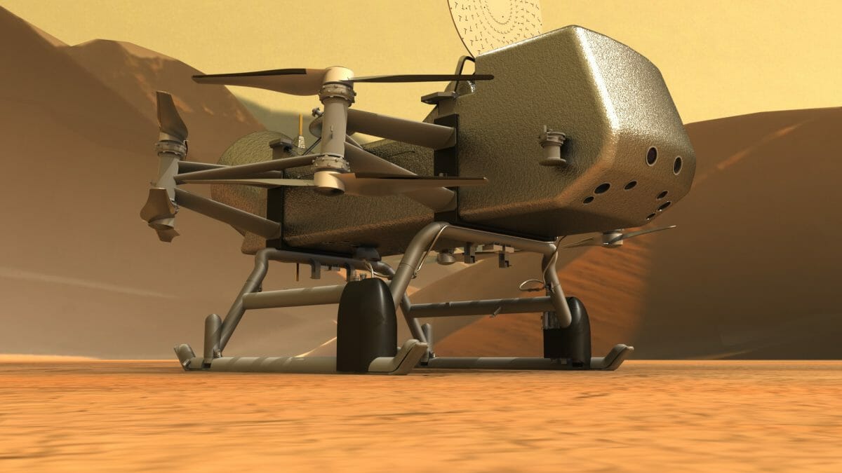 タイタンに着陸したドローン型探査機「ドラゴンフライ」を描いた想像図（Credit: NASA/Johns Hopkins APL）