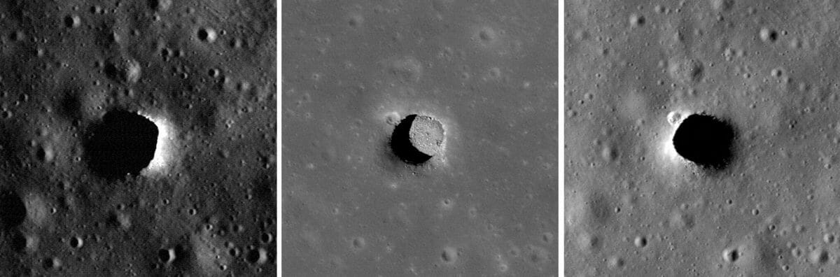 【▲ NASAの月周回衛星「ルナー・リコネサンス・オービター（LRO）」が撮影したマリウス丘の縦孔。3点とも同じ縦孔を撮影したもので、太陽光の当たり方が異なる。各画像の幅は300mに相当（Credit: NASA/GSFC/Arizona State University）】