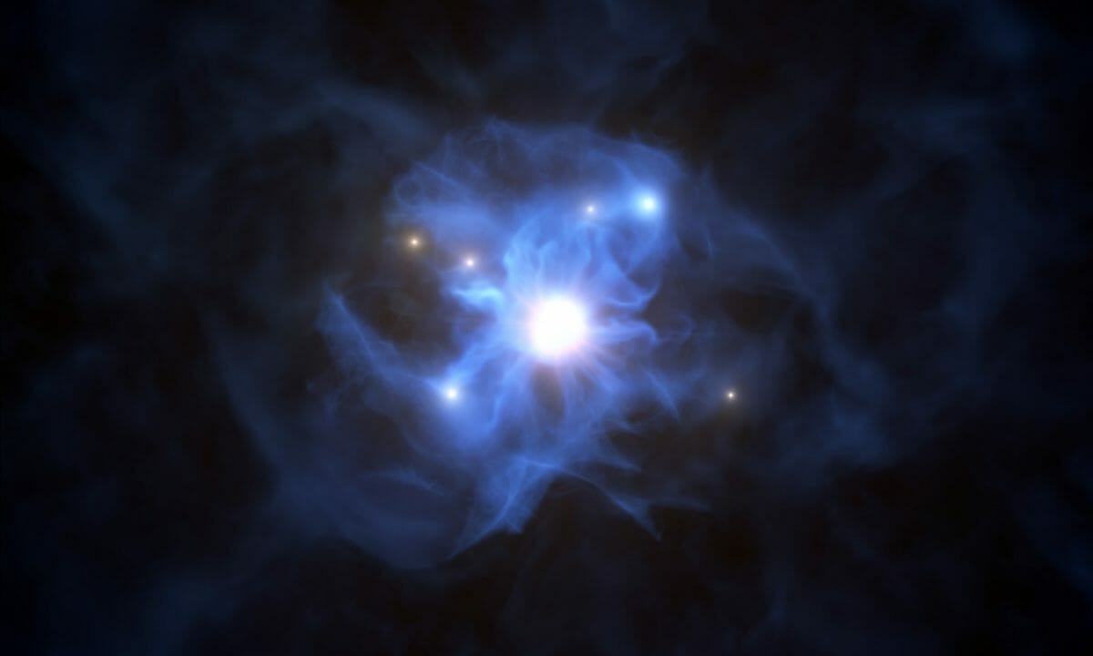 超大質量ブラックホールと6つの銀河が存在していた初期宇宙の巨大なフィラメント構造を描いた想像図