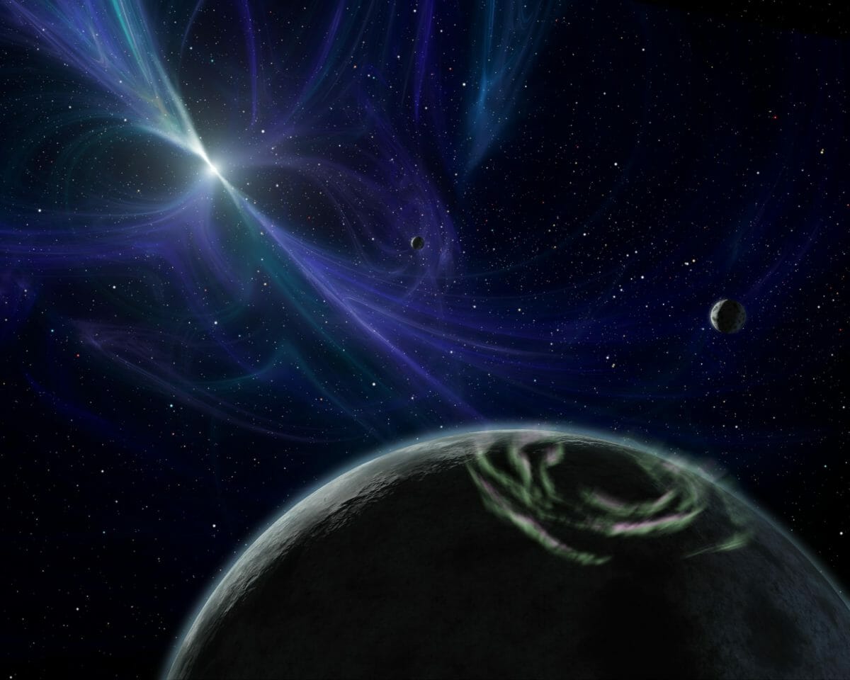 【▲ パルサー「PSR B1257+12」（左奥）を公転する3つの系外惑星の想像図（Credit: NASA/JPL-Caltech）】