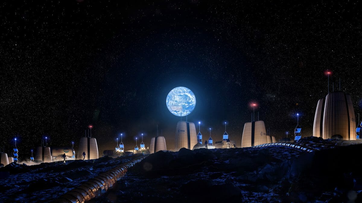 月の南極域に建設されたムーンビレッジを描いた想像図（Credit: SOM）
