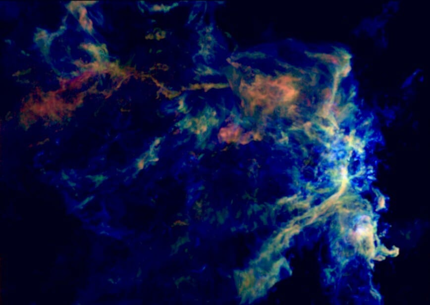 巨大分子雲「オリオン座B」で検出された一酸化炭素の分布（疑似カラー）