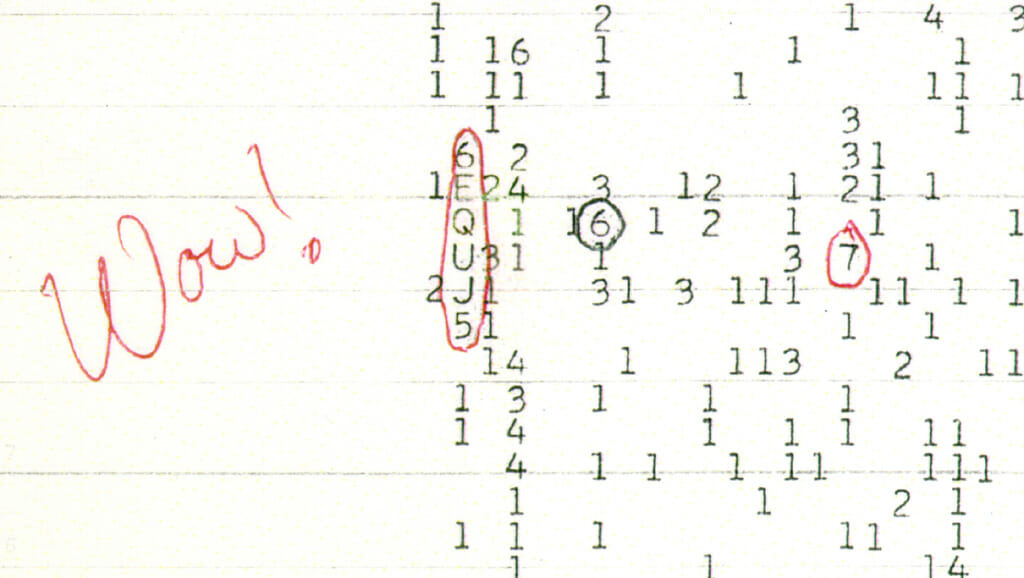 天文学者のJerry Ehman氏が「Wow!」と記したデータのプリントアウト。赤で囲まれた強力な信号は「Wow! シグナル」と呼ばれている