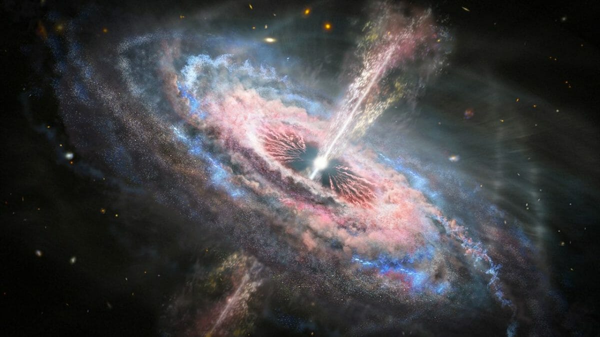 クエーサーを持つ銀河のイラスト。中心部にあるクエーサーからジェットが噴き出している。(Image Credit:NASA, ESA and J. Olmsted (STScI))