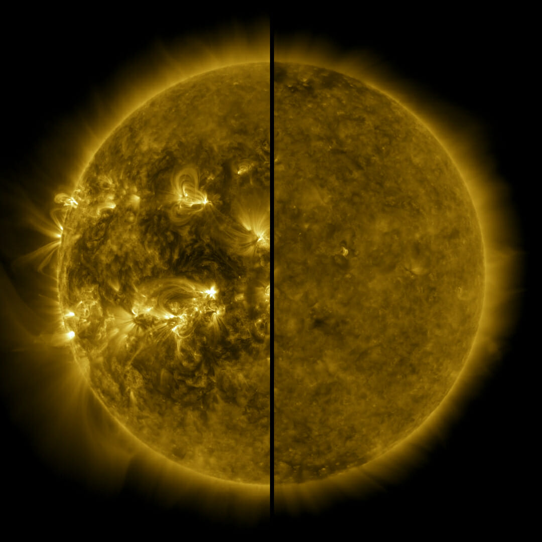 左：第24太陽活動周期の極大期を迎えた2014年4月の太陽。右：第25太陽活動周期の開始を告げる極小期を迎えた2019年12月の太陽（Credit: NASA/SDO）