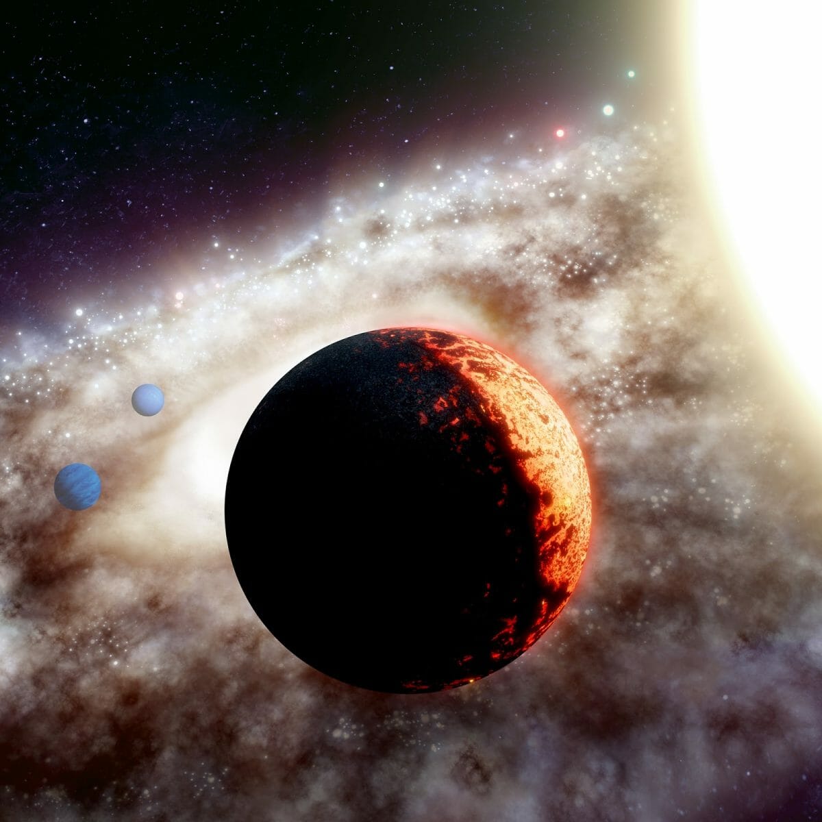 恒星TOI-561（右）と高温な岩石質の惑星TOI-561b（中央）、2つのガス惑星TOI-561cとTOI-561d（左）を描いた想像図（Credit: W. M. Keck Observatory/Adam Makarenko）