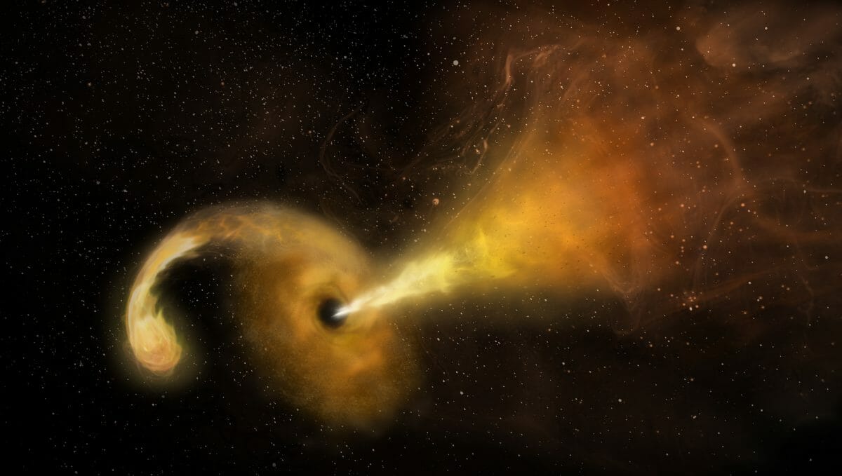 恒星がブラックホールに破壊される様子を描いた想像図。破壊された恒星の物質がブラックホールの周りで降着円盤を形成し、ジェットも噴出している（Credit: Sophia Dagnello, NRAO/AUI/NSF）