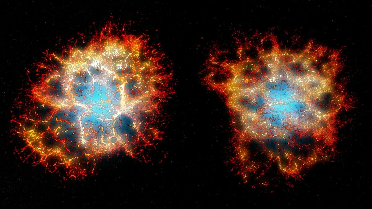 CGで再現された「かに星雲」を地球の方向から見た姿（左）と、別の角度から見た姿（右）。右側は左に90度ほど回転したハート型をしている（Credit: Thomas Martin, Danny Milisavljevic and Laurent Drissen）