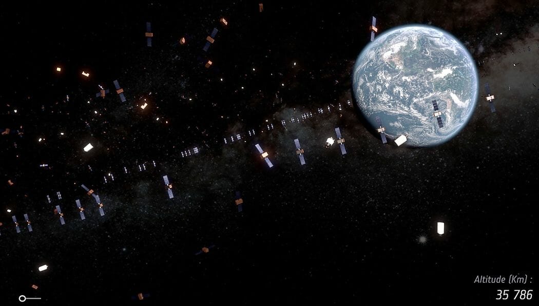 静止軌道上の人工衛星と進路を邪魔するスペースデブリの想像図（Credit: ESA）