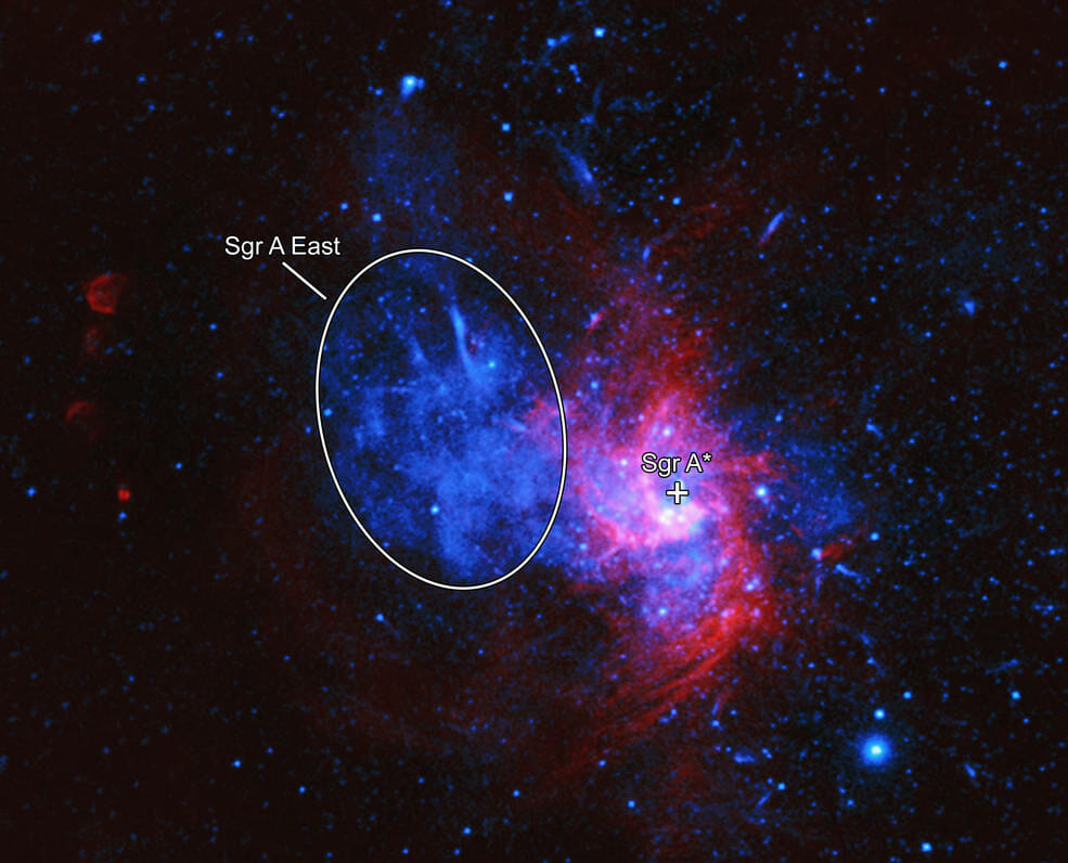 珍しいタイプの超新星爆発Iaxの残骸とみられる天の川銀河の中心部に存在する”いて座Aイースト”(Sagittarius A East)の画像。チャンドラX線観測衛星のデータから作成。(Credit: NASA/CXC/Nanjing Univ./P. Zhou et al. Radio: NSF/NRAO/VLA)