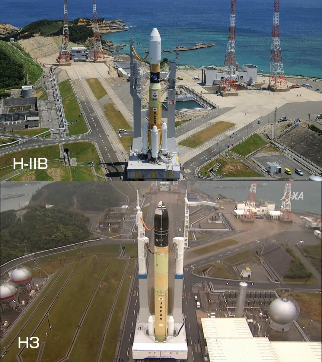 H-IIBとH3を正面上から撮影した画像。発射台下部の穴の大きさと機体のめり込みの違いが分かる。（Credit: JAXA、機種名の文字は金木が追加）