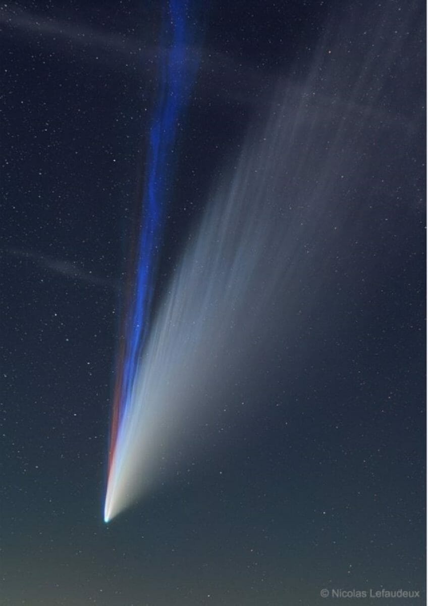 グリーンのコマから三色の尾を引くネオワイズ彗星（Credit: Nicolas Lefaudeux）