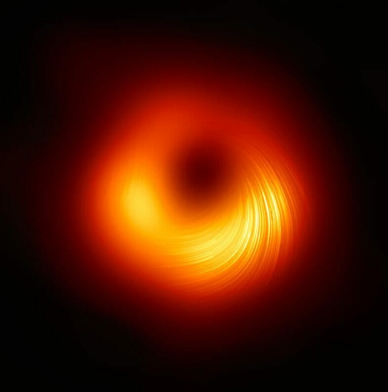 初めて撮影されたブラックホール周辺の偏光のようすを可視化した画像。ブラックホールの周辺に整った磁場が存在することを示しているという。（Credit: EHT Collaboration.）