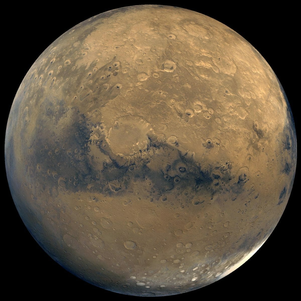火星探査機「バイキング」のオービター（軌道船）が撮影した約100枚の画像をもとに作成された火星の全体像（Credit: NASA/JPL-Caltech/USGS）