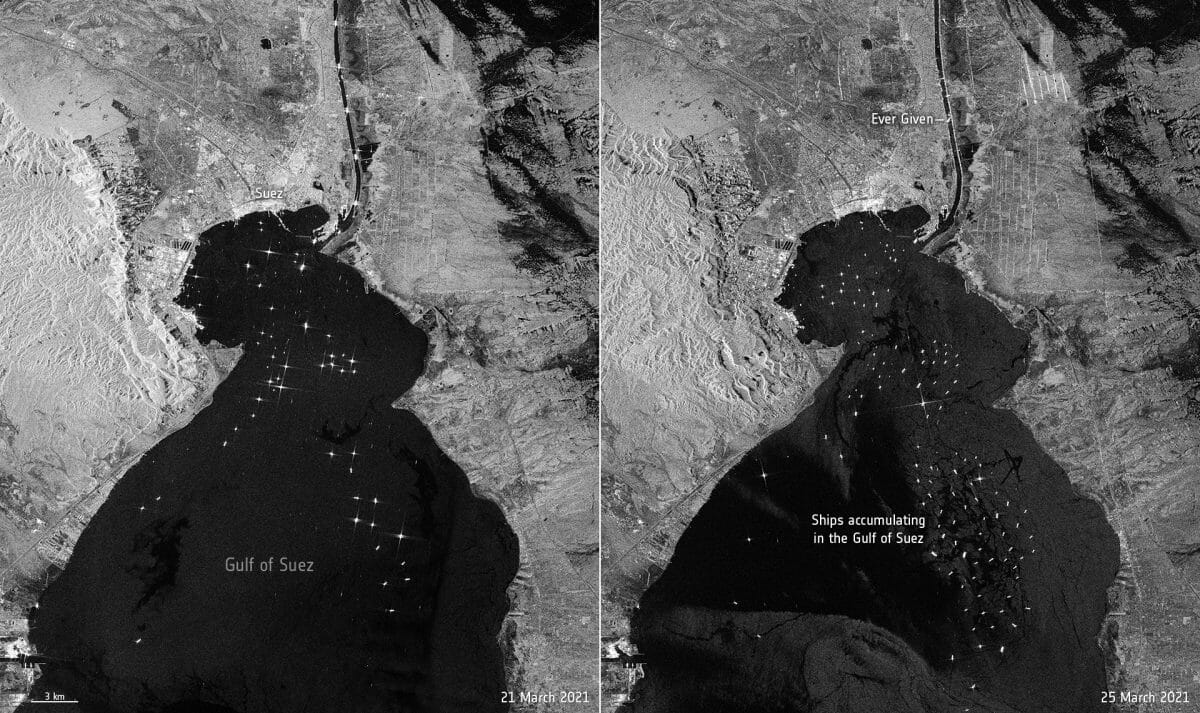 欧州宇宙機関が公開した「Sentinel-1」によるスエズ湾北端周辺のレーダー画像。左は3月21日、右は3月25日に観測したもの（Credit: Contains modified Copernicus Sentinel data (2021), processed by ESA）