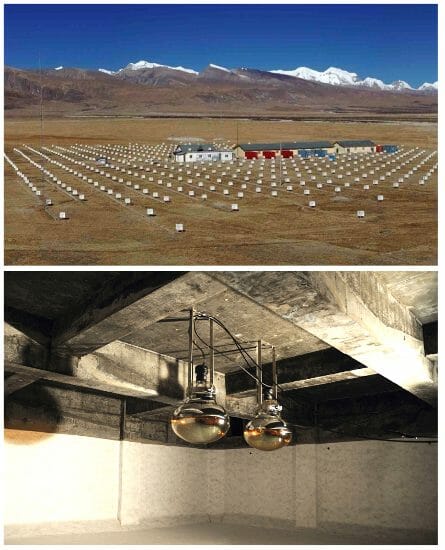 上：チベット高原に設置された空気シャワー観測装置。下：空気シャワー観測装置の地下に設置された水チェレンコフ型ミューオン検出器（注水前）（Credit: チベットASγ実験グループ）