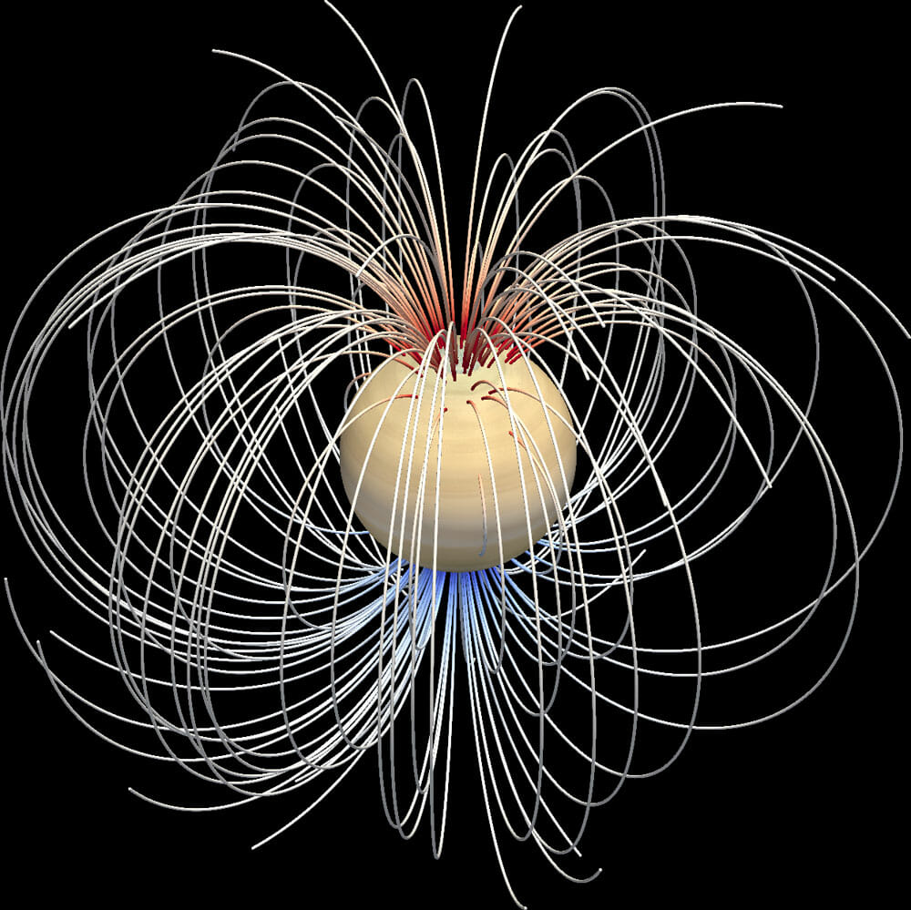 土星の表面外部に見られる磁場をモデル化した図（Credit: Ankit Barik / Johns Hopkins University）