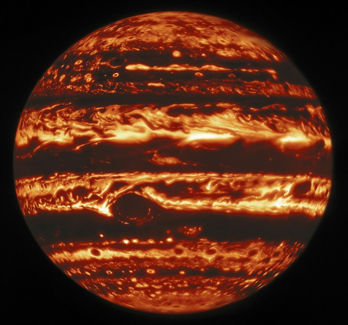 ジェミニ北望遠鏡によって赤外線で撮影された木星（Credit: International Gemini Observatory/NOIRLab/NSF/AURA, M.H. Wong (UC Berkeley) et al., Acknowledgments: M. Zamani）