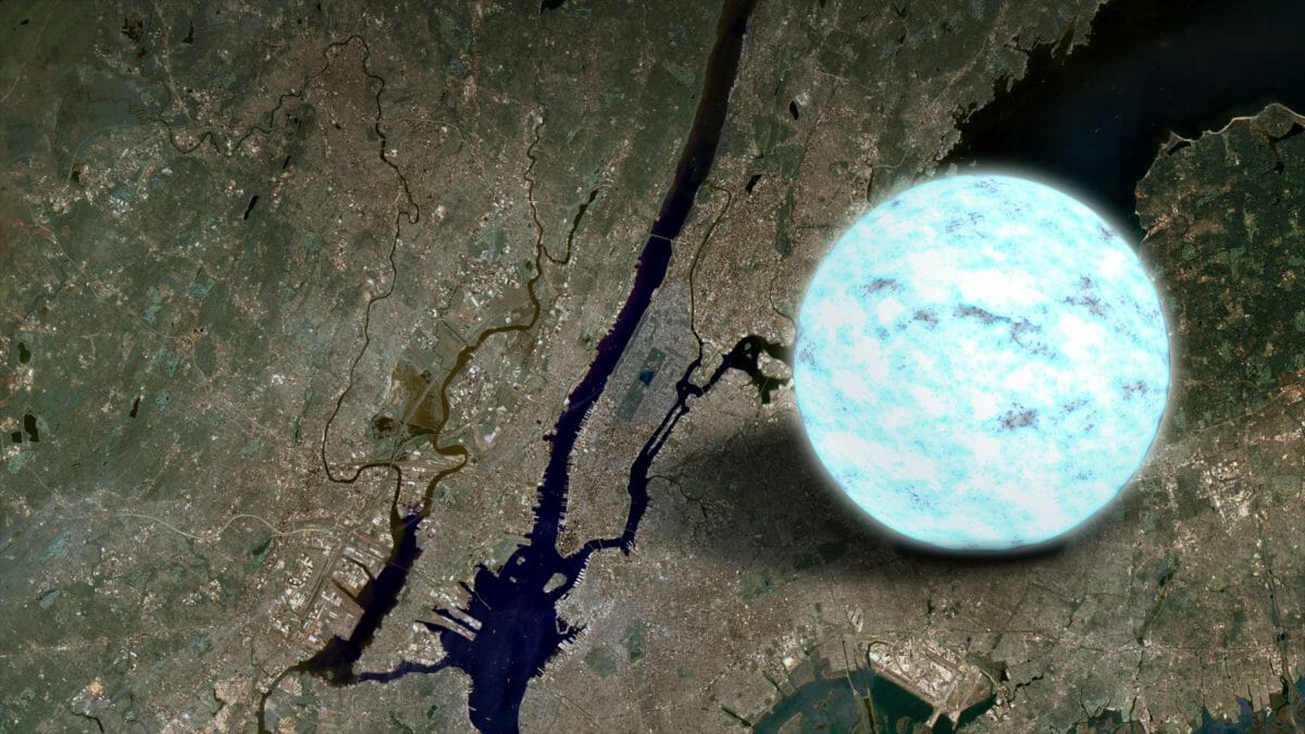 中性子星（右）とニューヨークのマンハッタン島（中央）周辺のサイズ比較図。ここでは中性子星の直径が従来の推定値である約20kmと仮定されている（Credit: NASA's Goddard Space Flight Center）