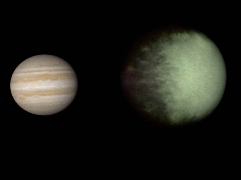 木星（左）の半径の1.5倍であるケプラー7b（右）は、雲がマッピングされた最初の太陽系外惑星です。雲の地図は、NASAのケプラー宇宙望遠鏡とスピッツァー宇宙望遠鏡のデータを使用して作成されました（Credit: NASA/JPL）