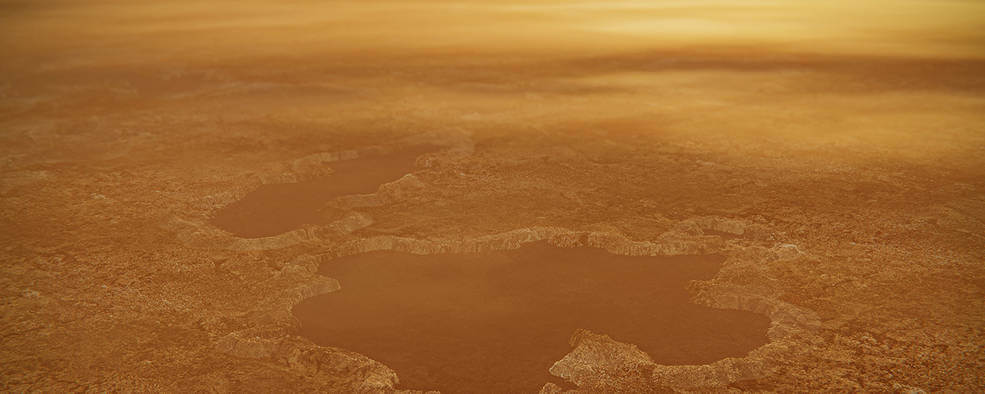 土星の衛星タイタンの北極にある湖の想像図（Credit: NASA/JPL-Caltech）