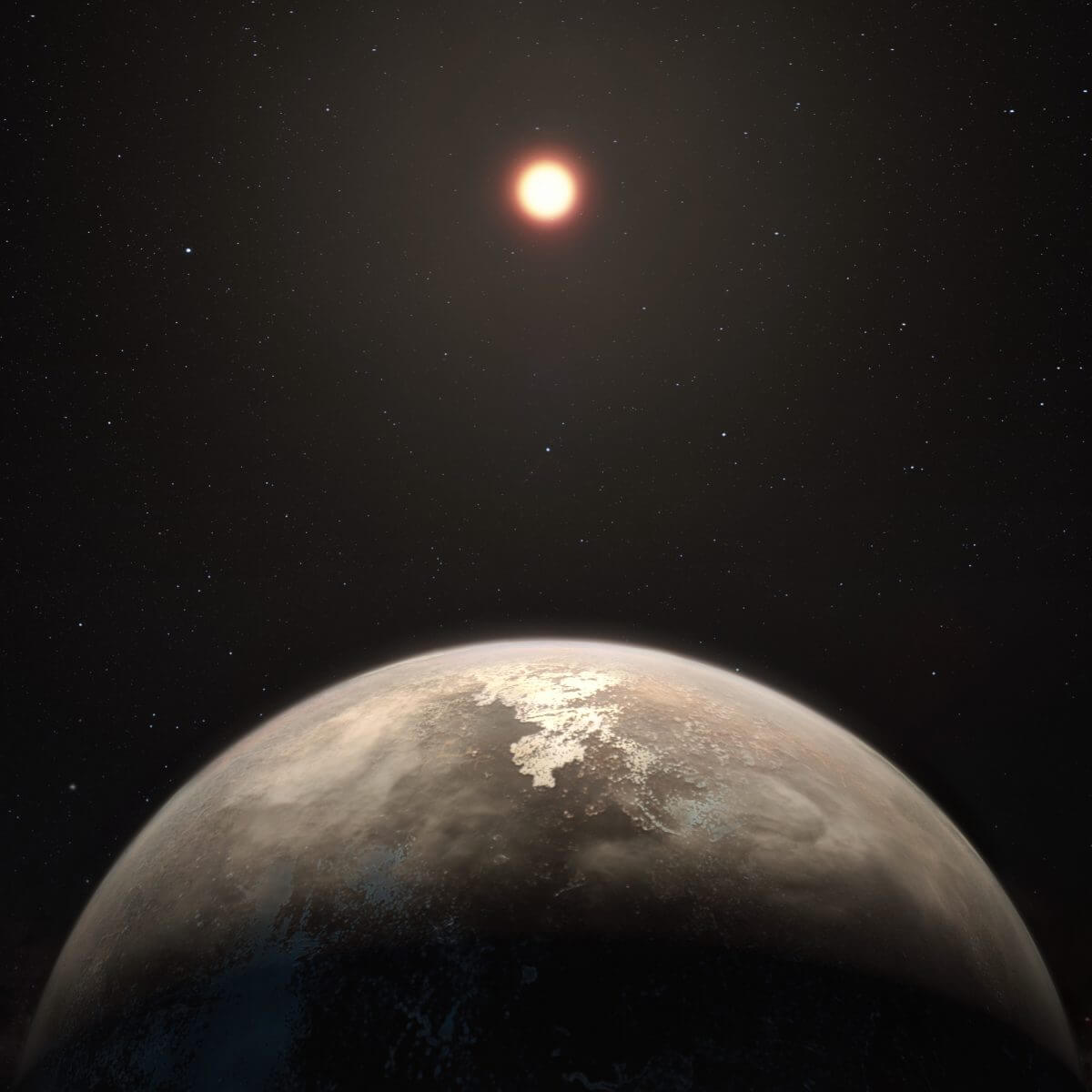 系外惑星「ロス128b」（下）を描いた想像図（Credit: ESO/M. Kornmesser）