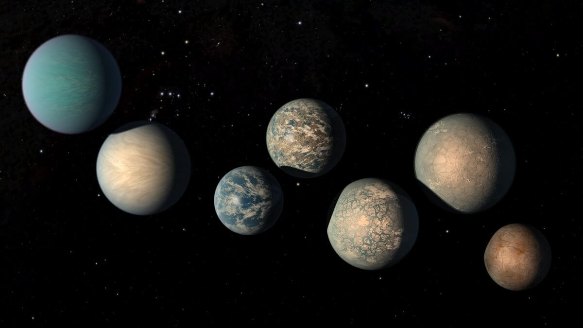 赤色矮星「TRAPPIST-1」を公転する7つの系外惑星を描いた想像図（Credit: NASA/JPL-Caltech）
