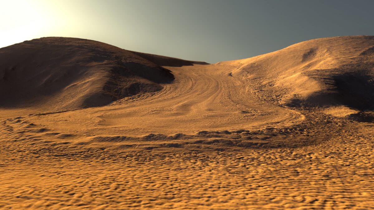 火星の中緯度地域にある岩と塵に覆われた氷河とみられる地形を描いた想像図。NASAの探査機「マーズ・リコネッサンス・オービター」の観測データをもとに作成（Credit: Kevin Gill / Flickr）