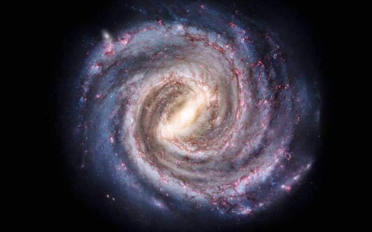 私達の天の川銀河の想像図。中心部分を貫く短い棒状の構造が存在することが見て取れる。(Image Credit:Wikimedia Commons.Pablo Carlos Budassi.)