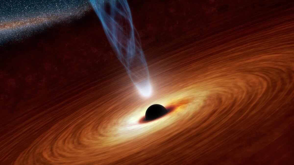 活動する超大質量ブラックホールを描いた想像図。降着円盤を形成する周辺のガスが明るく輝いた状態のものは活動銀河核と呼ばれる（Credit: NASA/JPL-Caltech）