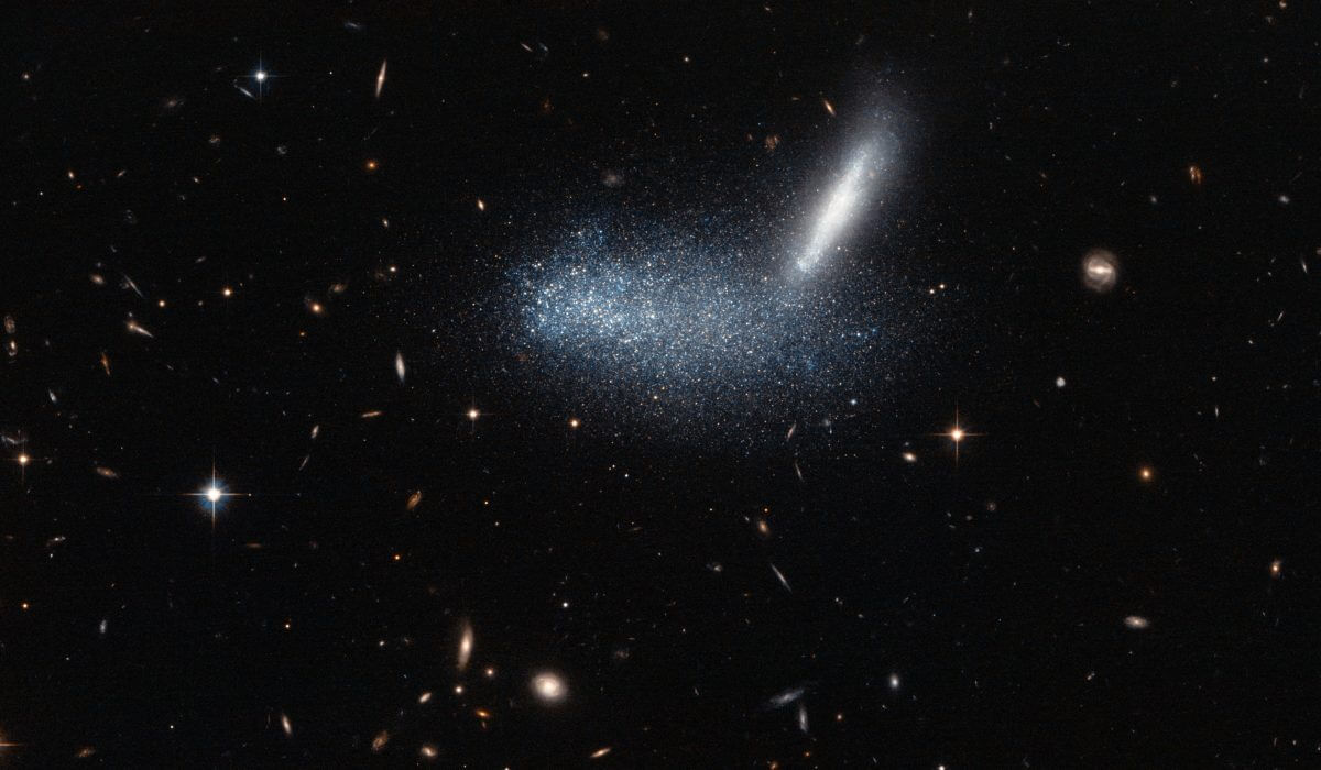 矮小不規則銀河「PGC 16389」（中央）と銀河「APMBGC 252+125-117」（右上）（Credit: ESA/Hubble & NASA, Acknowledgement: Luca Limatola）