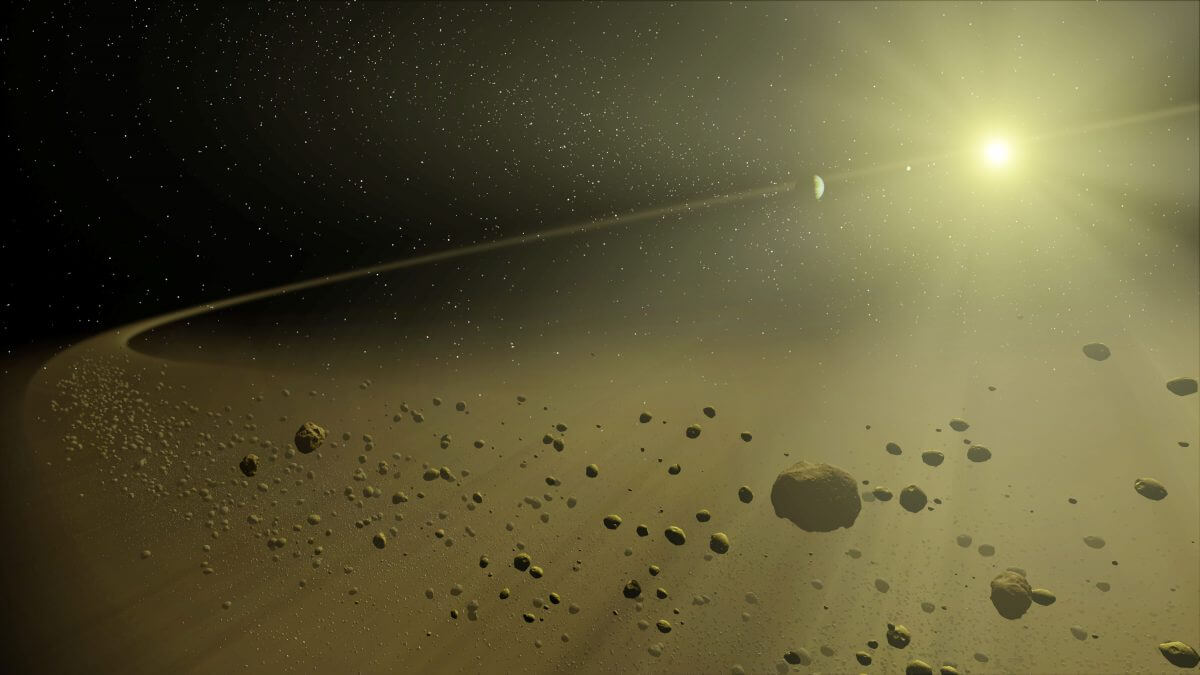 岩石や塵を含む小惑星帯を描いた想像図（Credit: NASA/JPL-Caltech/T. Pyle）