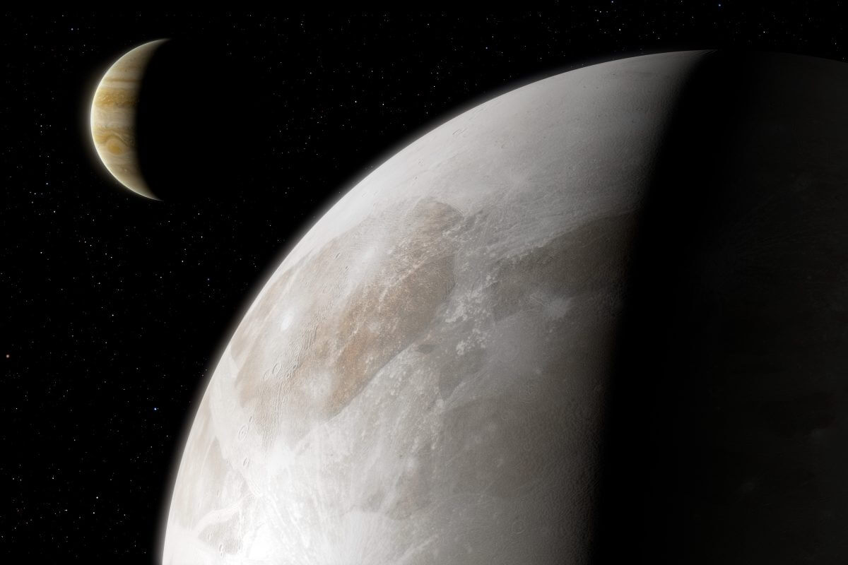 木星（奥）と衛星ガニメデ（手前）を描いた想像図（Credit: ESA/Hubble, M. Garlick）
