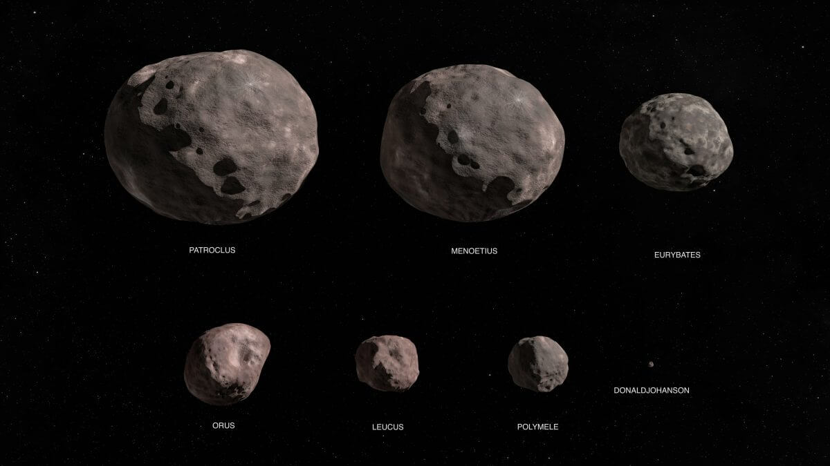 ルーシーがフライバイ探査を行う小惑星の一覧（想像図）。上段左から：二重小惑星のパトロクロスとメノイティオス、ユーリバテス。下段左から：オラス、リュークス、ポリメレ、ドナルドヨハンソン（Credit: NASA's Goddard Space Flight Center Conceptual Image Lab）