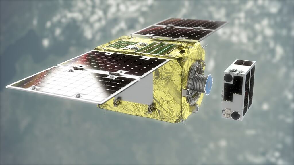 アストロスケールのデブリ除去技術実証衛星「ELSA-d」。画面左の衛星が捕獲機（サービサー）で、右の衛星が模擬デブリ（クライアント）（Credit: Astroscale）
