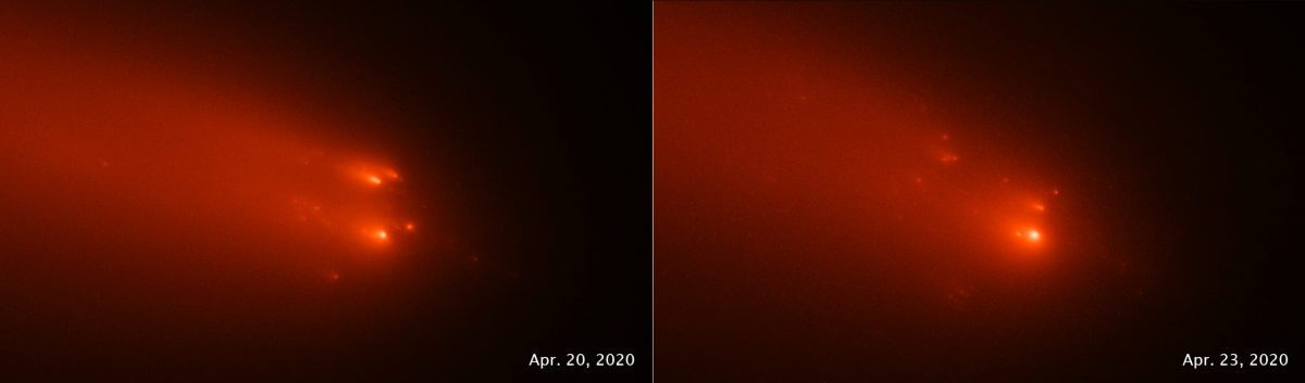 ハッブル宇宙望遠鏡が2020年4月20日（左）と4月23日（右）に撮影した「アトラス彗星（C/2019 Y4）」。撮影当時の地球からの距離は約1億5000万km。分析に備えて細部を強調するため擬似的に着色されている（Credit: SCIENCE: NASA, ESA, Quanzhi Ye (UMD), IMAGE PROCESSING: Alyssa Pagan (STScI) ）