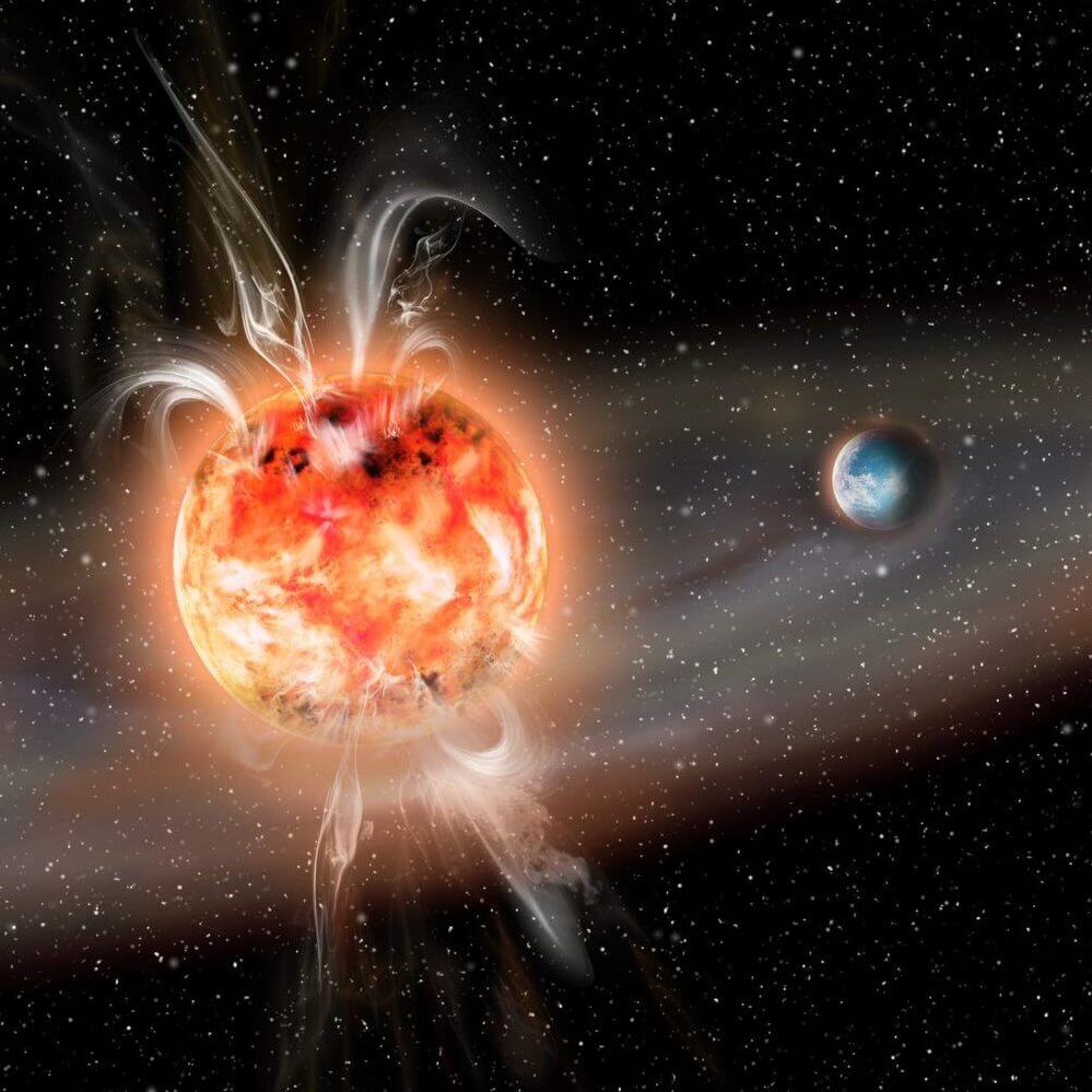 【▲ 高緯度で強力なフレアが生じている赤色矮星（左）と系外惑星（右）を描いた想像図（Credit: AIP/ J. Fohlmeister）】
