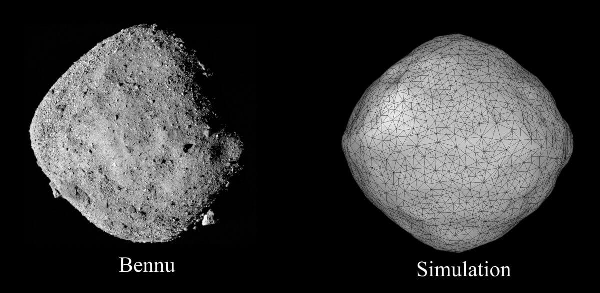 実際のベンヌ（左）とシミュレーションで形成された小惑星（右）の比較図（Credit: OIST）