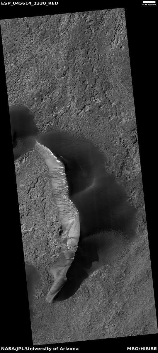 MROが撮影した砂丘の全体像（モノクロ、上が北の方角）。右上のスケールバーは500mの長さを示す（Credit: NASA/JPL-Caltech/University of Arizona）